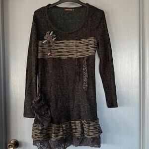 John Fashion XL Brown Wool Blend Sweater Dress Crochet Flower Ruffles Steampunk